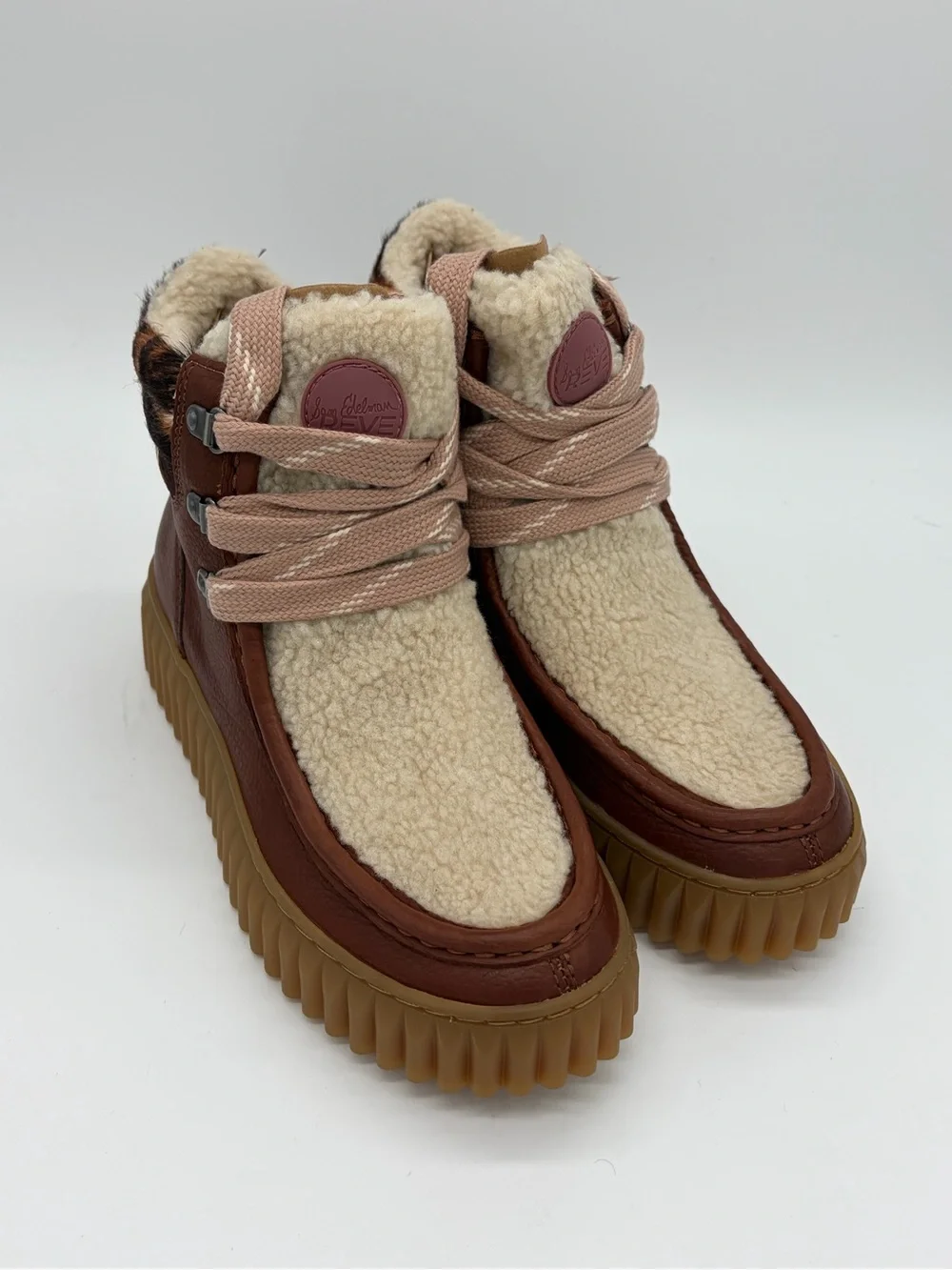 Sam Edelman Brown & Cream Shearling Platform Lace-Up Boots